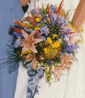 colorful tropical bouquet of lilies, oncidium orchids, pin cushion protea, birds of paradise, ribbon
